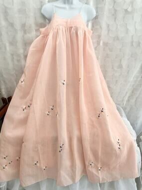 VTG Peach Chiffon MAXI LONG Nightgown Small EMBROIDERED CRANE BIRDS Dress